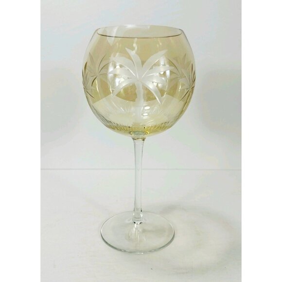 Large Lenox Amber Glass Palm Trees Cut Etch Balloon Wine Glass, Excellent - Picture 1 of 1